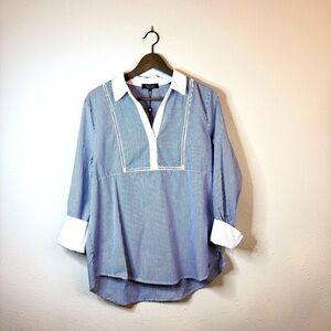 Badgley Mischka Women’s Striped Blue White Collared Shirt Size Large NWT